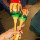 Vintage Hand Painted Wooden Maracas Pair 11    Long Musical Instruments Folk Art