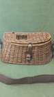 Vintage Wicker Fishing Creel Basket  13   Leather Fastening Latch  Lodge Decor 
