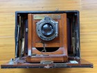 Vintage 5x7 Camera Made Of Leather  Polished Wood  Brass Lens   Maroon Bellows