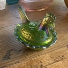 Boyd Green Iridescent Carnival Glass Hen On Nest Figurine Decorative Dish