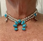 Native American Sterling Silver Bisbee Turquoise Squash Blossom Choker Necklace