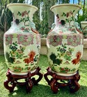 Pair Of Antique 19th Century Rare Chinese Porcelain Vases Roosters   Insects 