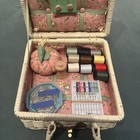 Vintage Wicker Quilted Sewing Box Basket White With Notions 7   x7    Square