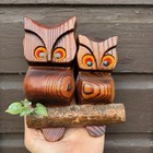 Vintage 1970s  Carved Wooden Pair Of Owls On Branch Wall Hanging Mcm Mod