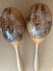 Wooden Maraca Pair  2 Pieces  Hand Shakers With Palm Tree Design