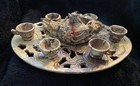 Asian Carved Soapstone 8 Piece Good Fortune Tea Set W  Abalone Inlays 