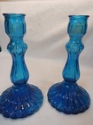 2 Vintage Blue Glass Candle Holders 9  Set Empoli Italy 