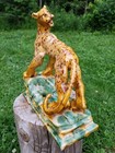 Vintage Ceramic Leopard Cheetah Big Cat Figure Drip Glaze African Art Sculpture 