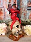 Red Devil Reading   Sitting On Skull Pile Clay Figure Handmade Mexican Folk Art