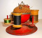 Antique Thread Spool Holder   Pincushion Spinning Sewing Stand C  1900 As Found