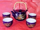 Vtg Cobalt Blue Japanese Porcelain Tea Set 4 Cups   Kettle W  Peacock Design Nos