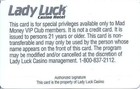 Lady Luck Casino - Las Vegas  Nv -  10th Issue Slot Card  blank 