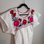 Handmade Womens Black Flower Embroidered Mexican Peasant Blouse Med Boho 70s