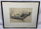 Vintage 1967 Original Pencil   Charcoal Sausalito California Boat House Drawing