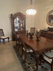 Brown Wood Dining Set  Carvings  Mahogany Finish  Table  Chairs  Cabinet