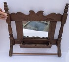 Antique Primitive Wooden Wall Mirror With Carved Details Shelf Towel Bar