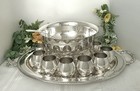 Punch Bowl Silver Plated Set Tray  Cups  Bowl  Ladle Vintage Drinkware - 14 Pc