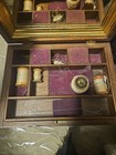 Antique Wood Sewing Box W  Cloth Needles And Thread Very Heavy