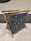 Vintage Mcm Knitting Sewing Caddy Crochet Yarn Basket Folding Wood Frame Floral
