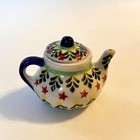 Mini Polish Pottery Teapot Ornament Decor Unikat Green Leaves Red Stars 2 5 h