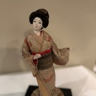 Vtg Japanese Geisha Doll With Shamisen  R  Fuji Tokyo Japan     Silk Kimono Cranes