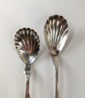 Antique American Coin Silver Serving Sugar Spoons With Shell Form Bowls