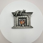 Vintage 90s Ajc Pewter Cat Fireplace Brooch Pin Cozy Hearth Amber Glass Jewelry
