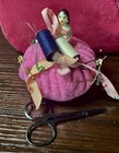 Antique Pin Cushion Doll With Straight Pins  Thread  Scissors Safety Pins 