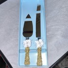 Wedding Cake Knife   Server Set Gold Glitter Handles Floral Accents Stainless S   