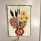 Vintage 1970s Latch Hook Wall Hanging 26x20 Floral Vase Retro Boho Fiber Art