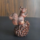 Hand Carved Vintage Wooden Squirrel On Pinecone Woodland Animals Statue Figur   