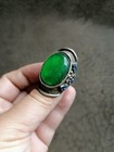 China Antique Old Silver Inlaid Jade Ring Green Jade Oval Living Mouth Ring