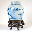 Antique Chinese Canton Blue   White Porcelain Ginger Jar W  Stand Mid-1800 s