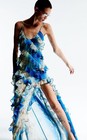 Siedres Blue Butterfly Floral Ruffle Maxi Dress High Slit Gown Size 32