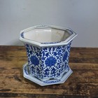 Vintage Chinoiserie Blue White Porcelain Octagonal Flower Pot Planter Jingdezhen