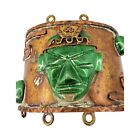 Vtg Mexico Green Malachite Copper Mayan Warrior Mask Bracelet 7  Cuff