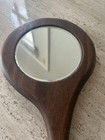 Vintage Handheld Mirror Wooden Oak Signed 12    Curved