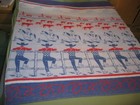 Vintage 1950 s Western Camp Blanket 59x67 Cowboy Ropers Cattle Red White   Blue