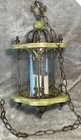 Vtg Clear Cylinder Glass Brass Finials Green Marbled Base Hanging Swag Lamp