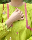 Women Lime Green Pure Cotton Kurta Trouser Set Hand Embroidered Boho Tunic