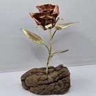 Vintage Thin Brass Metal  Flower Burl Wood Art Sculpture Mcm Brutalist 8 h