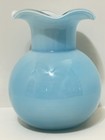 Vintage Light Blue Cased Glass Vase Ruffled Rim White Interior Hand Blown Mcm 7   