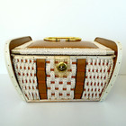 Singer Wicker Sewing Box Wood Plastic Tray Brown White Vintage Japan Mcm
