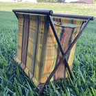 Vintage Folding Knitting Bag Wood   Striped Fabric 