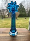 Vintage Handblown 14  Tall Blue Art Glass Ribbed  Vase 3 8 Lb