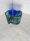 Vintage Unique Art Glass Bowl Vase Cobalt Blue Green Mid Century Modern Design