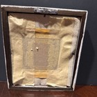 0631    Vtg Framed Cross Stitch Girl Bathroom Scene Pedestal Sink Wood Frame Art