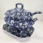 Crownford Staffordshire Blue Calico Footed Tureen Lid   Underplate Tray W  Ladle