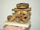 Antique Continental Brass Figural Cannon On Alabaster Stand Sewing Pin Cushion