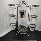 Vintage Mid Century Modern Silver Rim Cocktail Pitcher Set 6 Glasses Caddy Rod